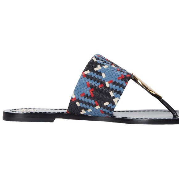 Tory Burch $268 Patos LEATHER Disk Sandal Blue Woven 10 - Picture 9 of 13